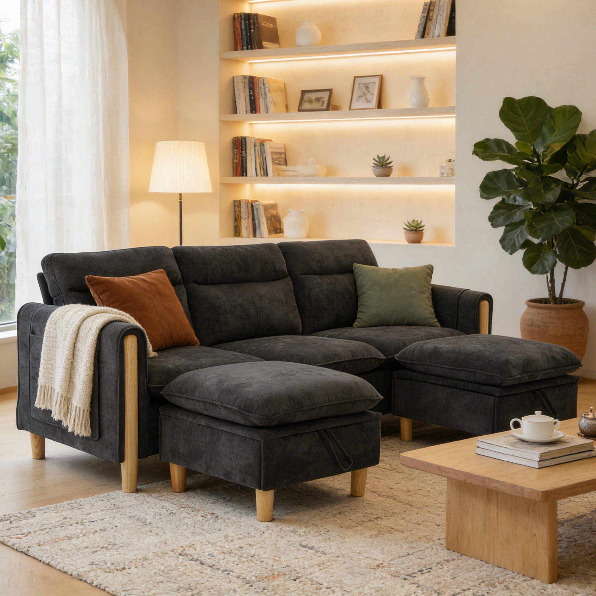 MOONMISS 3-Seater Chenille Sectional Sofa with 2 Storage Ottoman & Side Pocket Convertible Chaise Lounge for Living Room,Black