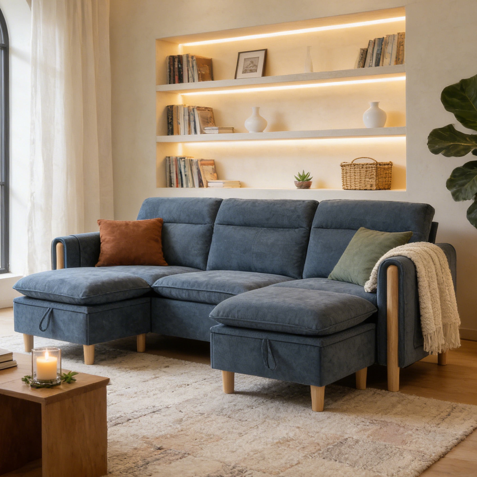 MOONMISS 3-Seater Chenille Sectional Sofa with 2 Storage Ottoman & Side Pocket Convertible Chaise Lounge for Living Room,Blue