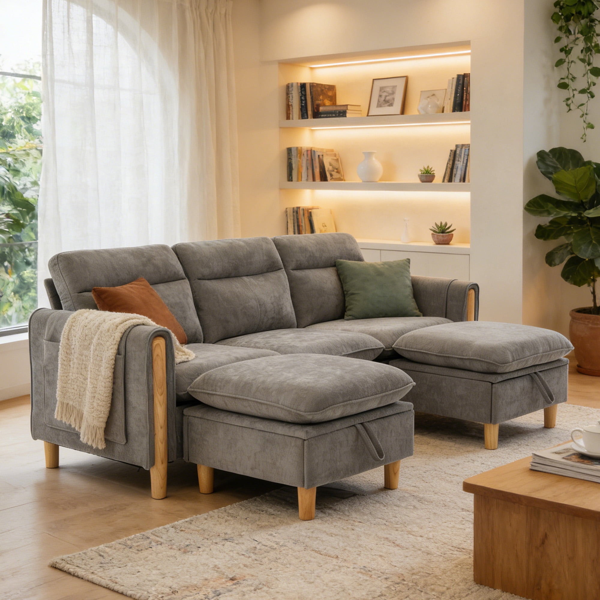 MOONMISS 3-Seater Chenille Sectional Sofa with 2 Storage Ottoman & Side Pocket Convertible Chaise Lounge for Living Room,Gray