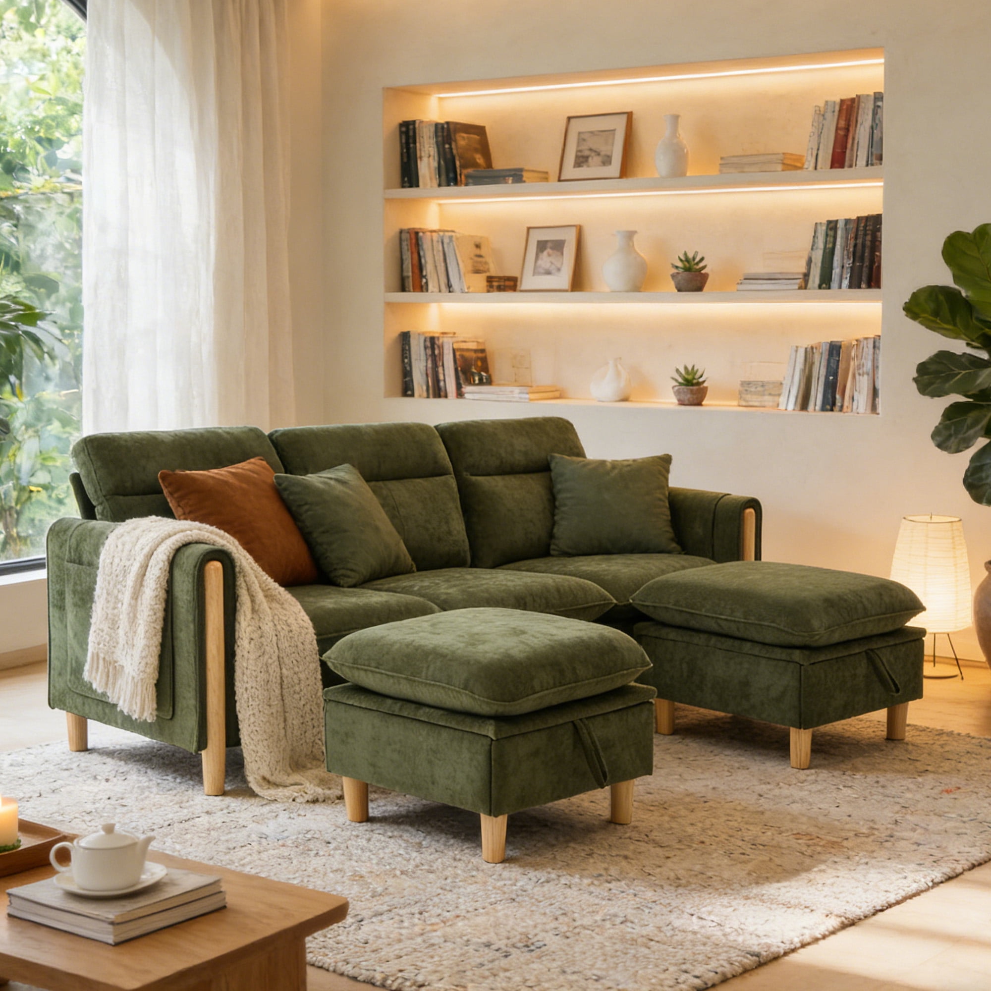 MOONMISS 3-Seater Chenille Sectional Sofa with 2 Storage Ottoman & Side Pocket Convertible Chaise Lounge for Living Room,Olive