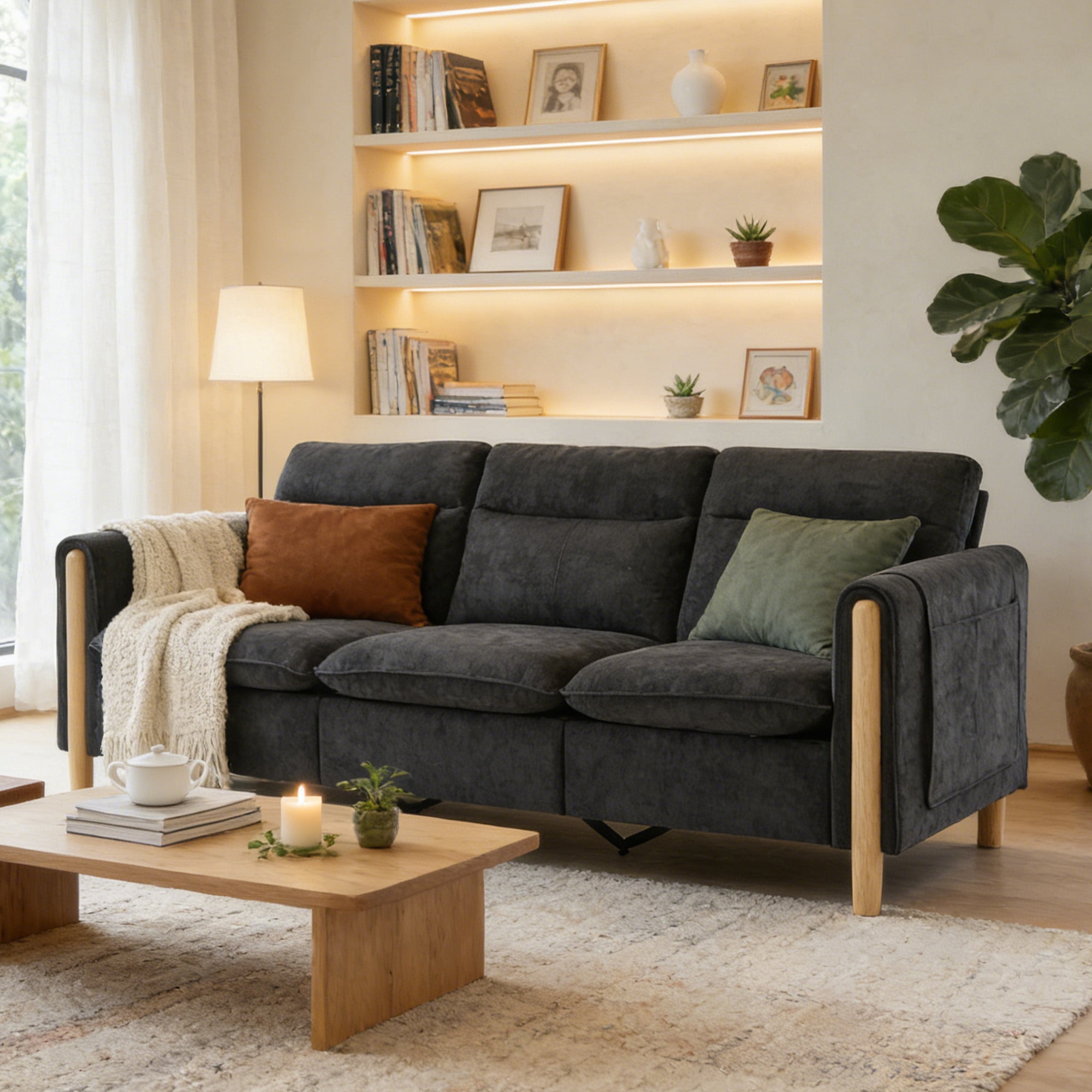 MOONMISS 3-Seater Chenille Sectional Sofa with Side Pocket for Living Room,Black