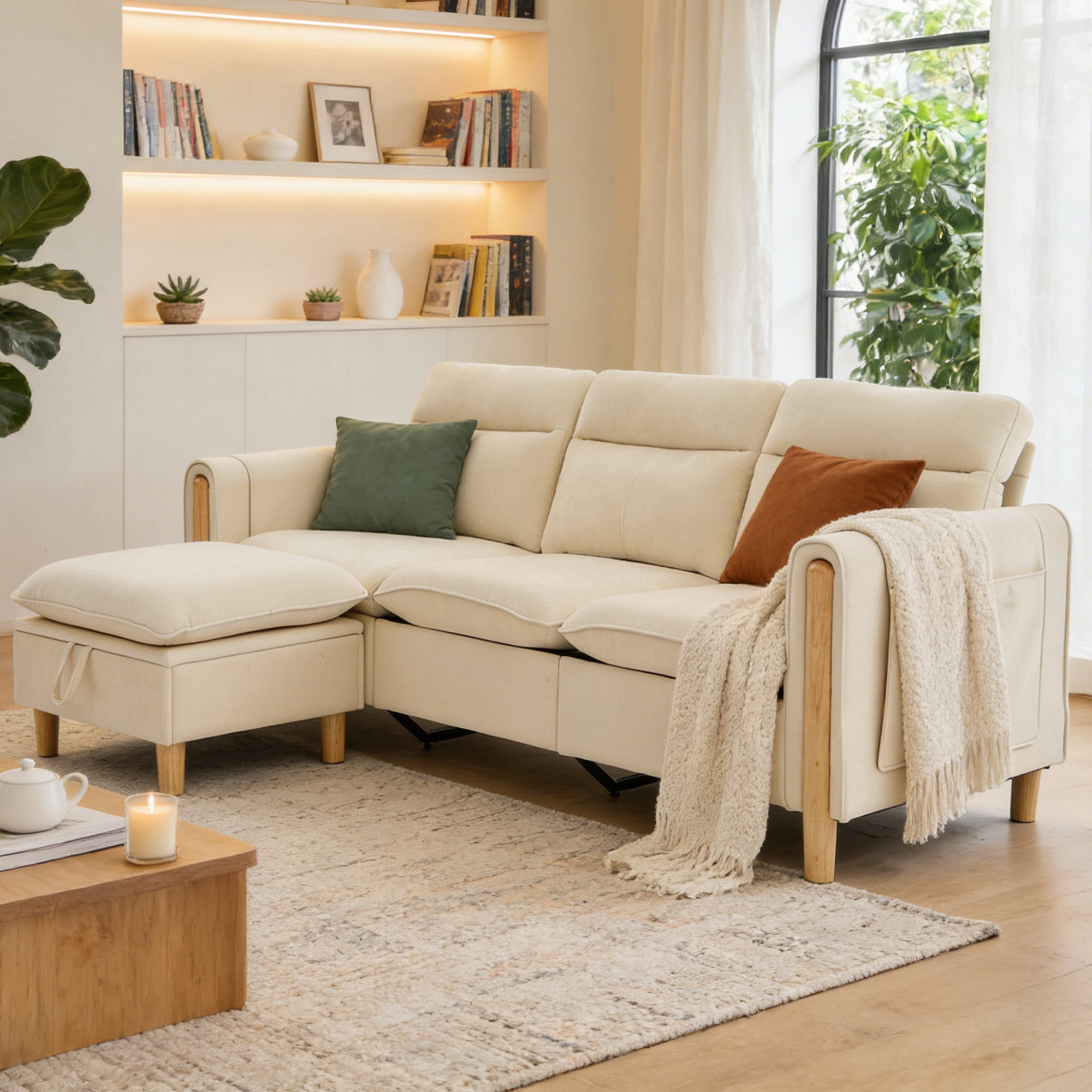 MOONMISS 3-Seater Chenille Sectional Sofa with Storage Ottoman & Side Pocket Convertible Chaise Lounge for Living Room,Beige