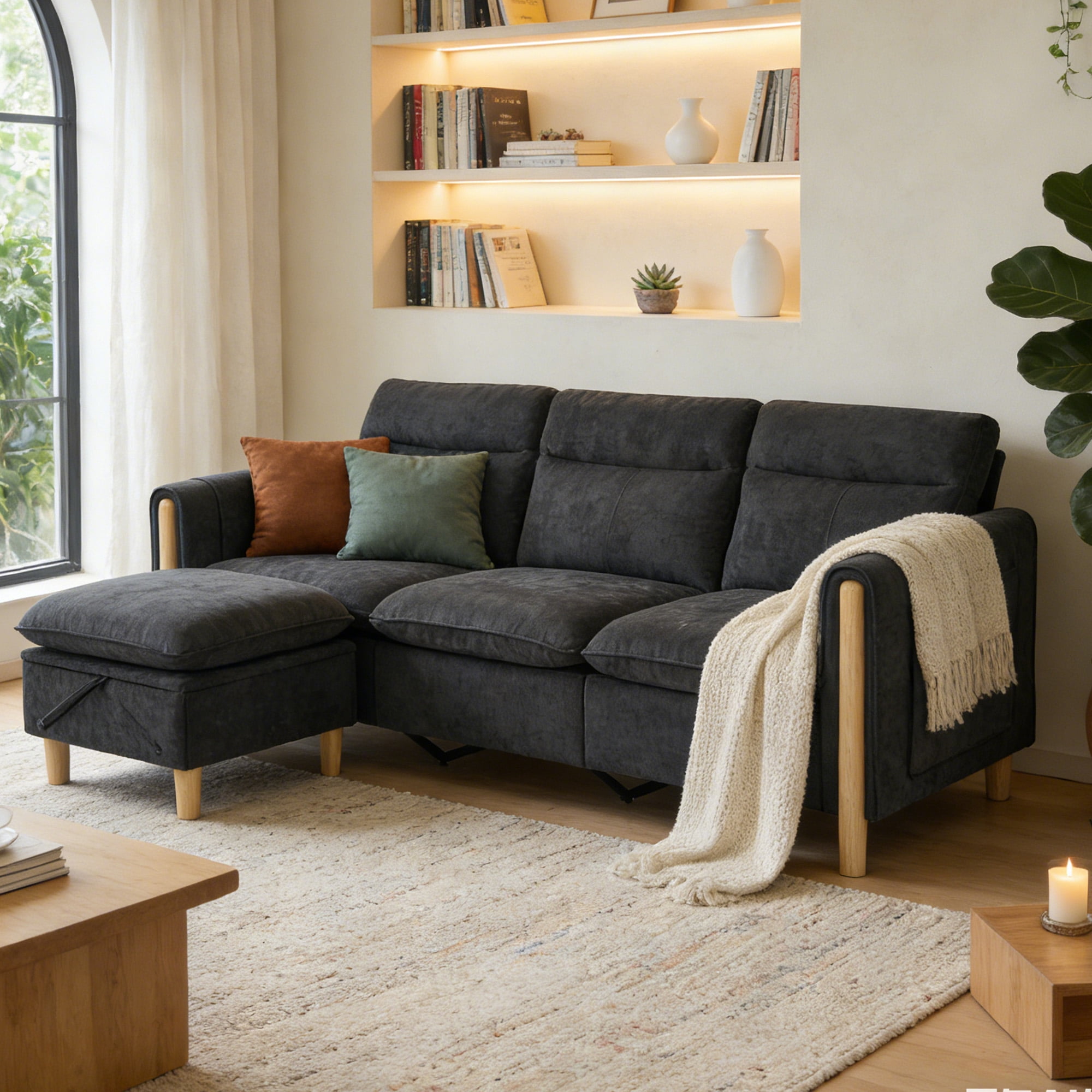 MOONMISS 3-Seater Chenille Sectional Sofa with Storage Ottoman & Side Pocket Convertible Chaise Lounge for Living Room,Black