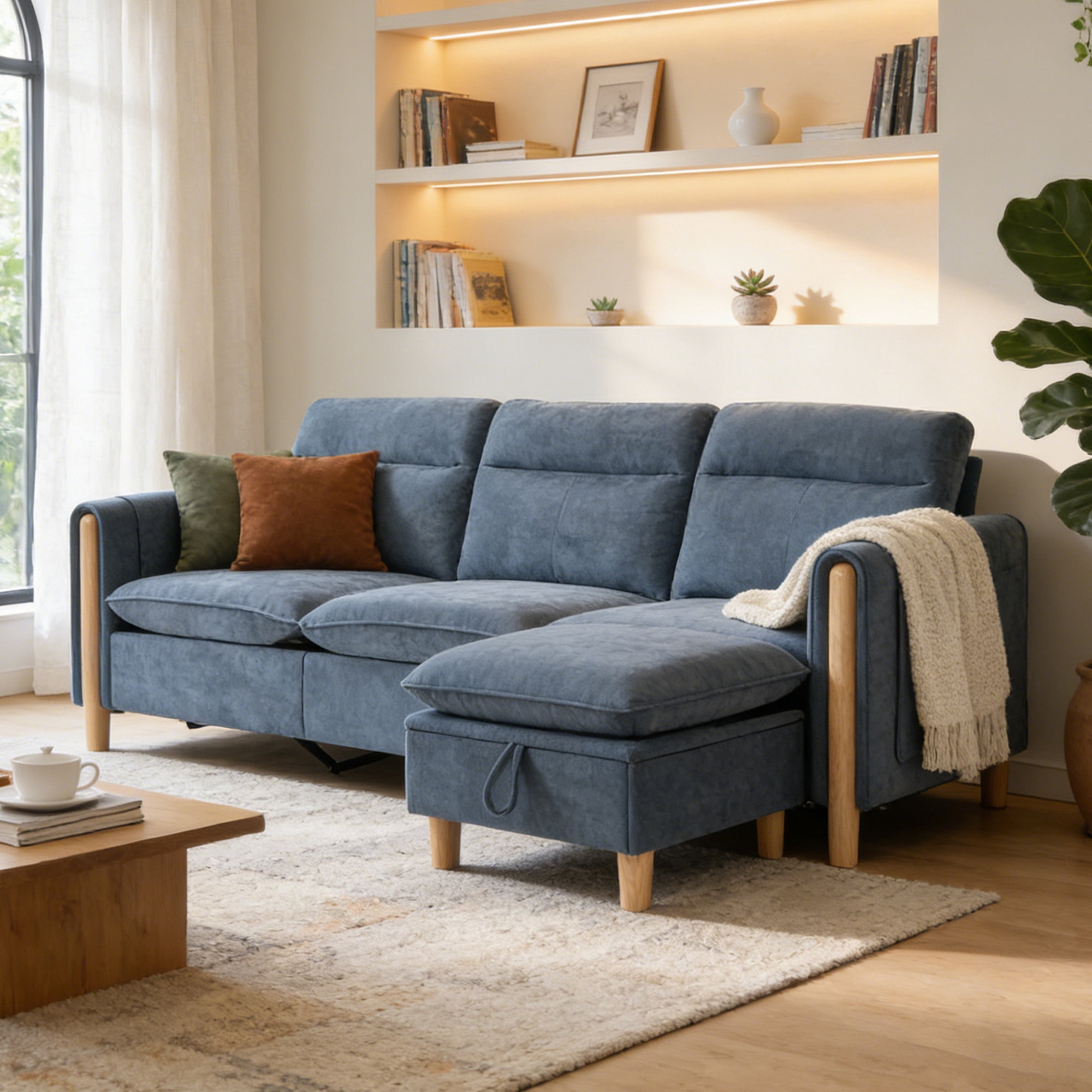MOONMISS 3-Seater Chenille Sectional Sofa with Storage Ottoman & Side Pocket Convertible Chaise Lounge for Living Room,Blue