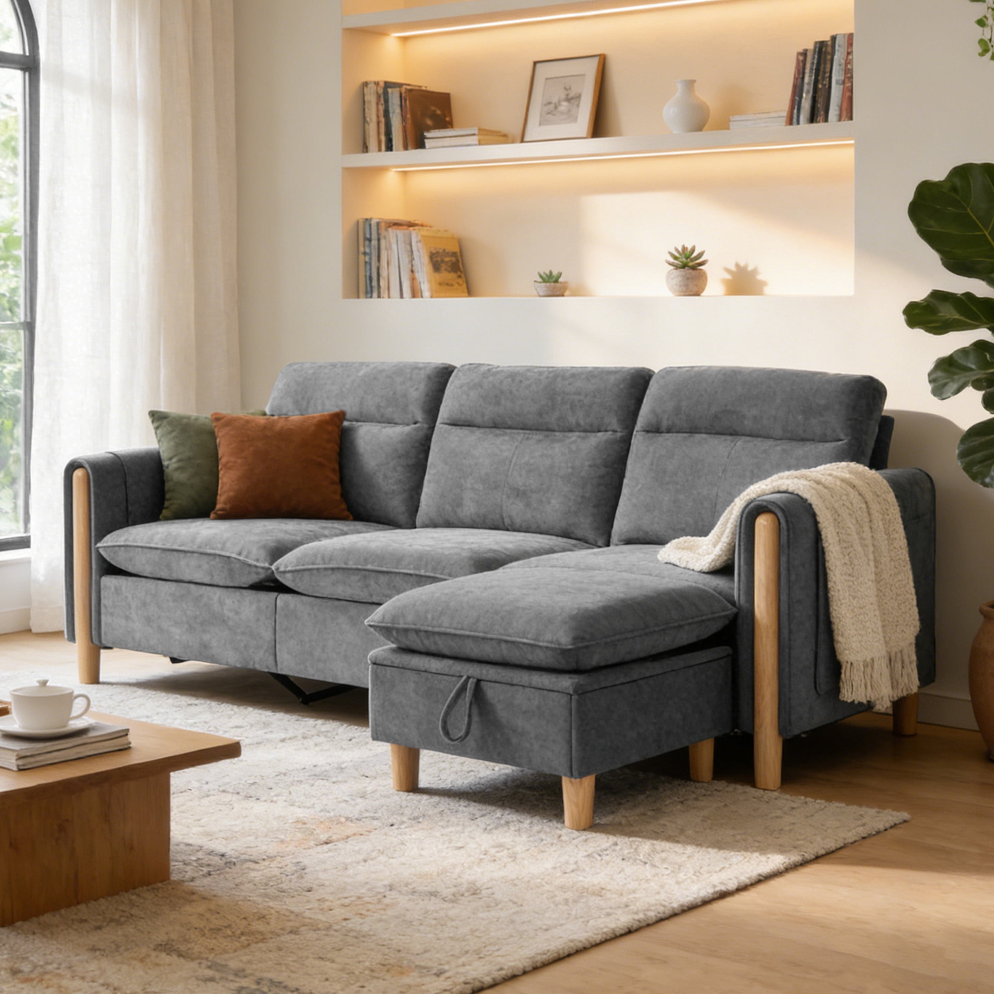 MOONMISS 3-Seater Chenille Sectional Sofa with Storage Ottoman & Side Pocket Convertible Chaise Lounge for Living Room,Gray