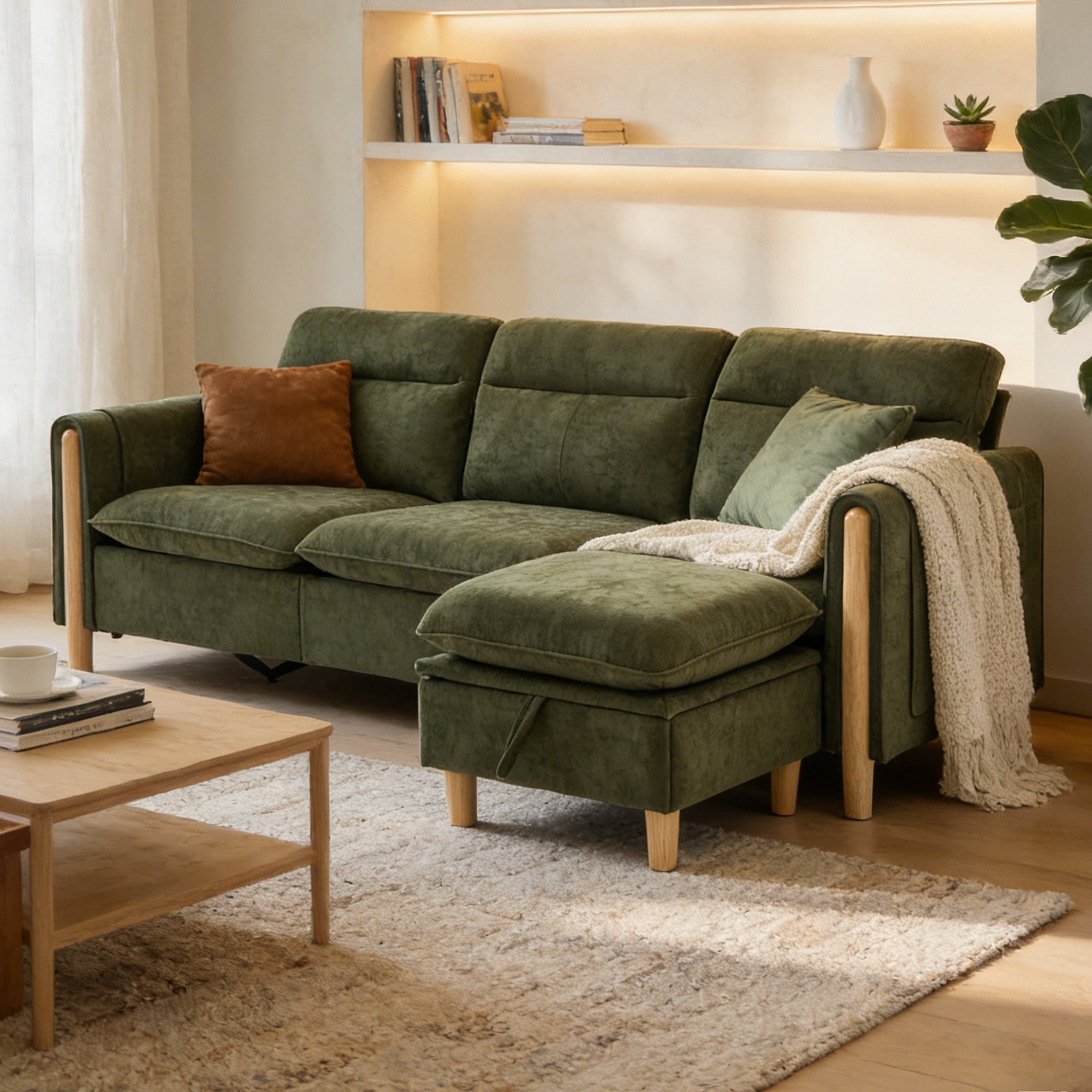 MOONMISS 3-Seater Chenille Sectional Sofa with Storage Ottoman & Side Pocket Convertible Chaise Lounge for Living Room,Olive