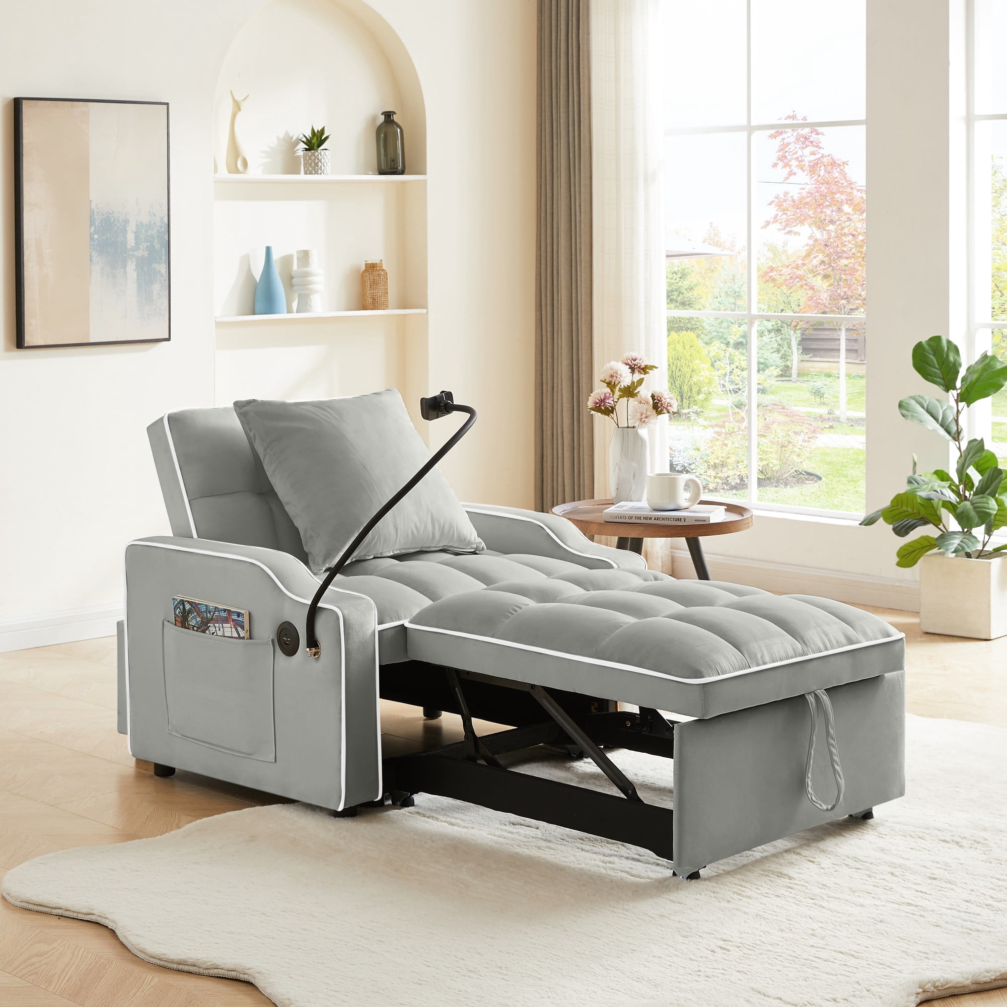 MOONMISS 3 in 1 Sleeper Sofa Chair Bed,Velvet Adjustable Recliner with Charge Ports&Phone Holder,Gray