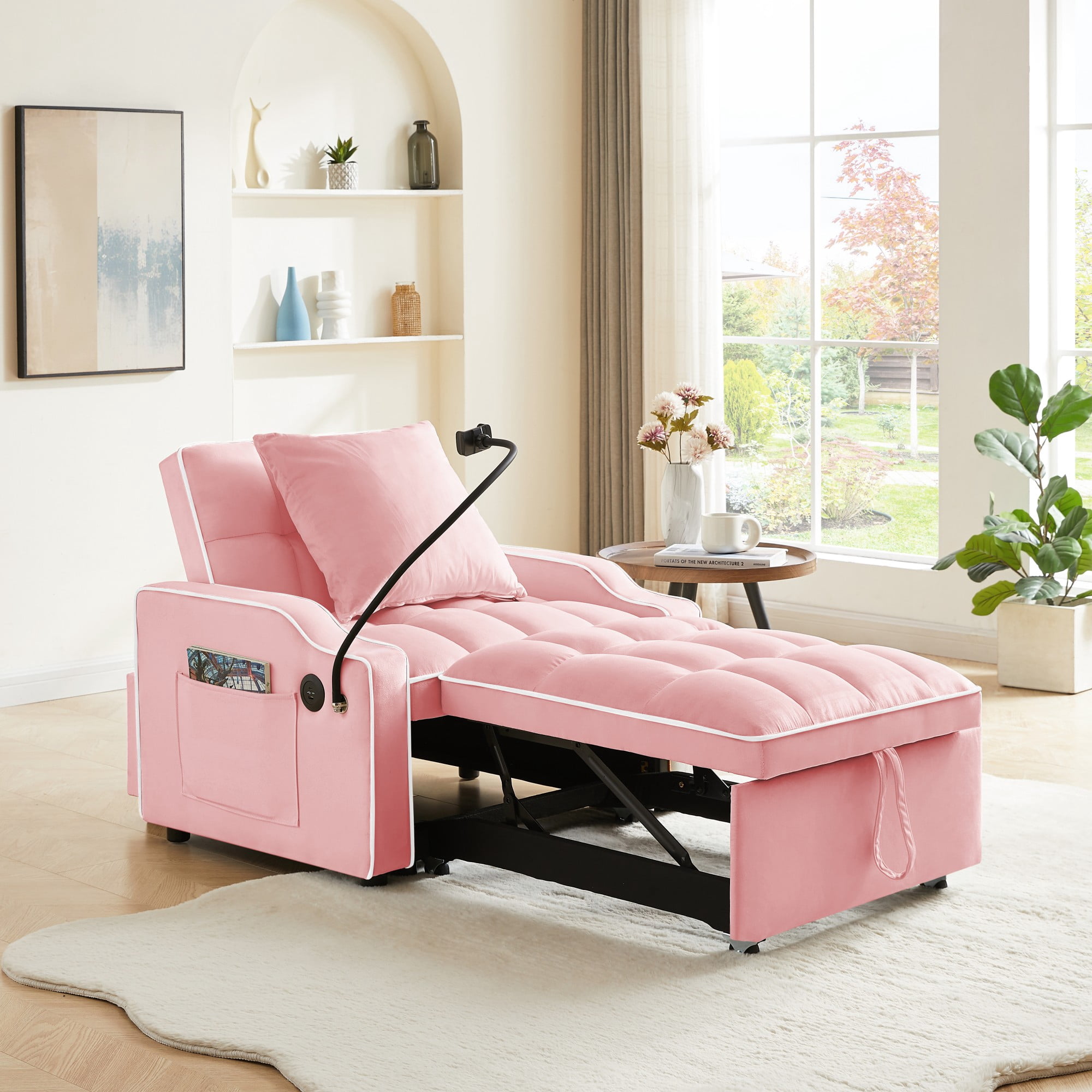 MOONMISS 3 in 1 Sleeper Sofa Chair Bed,Velvet Adjustable Recliner with Charge Ports&Phone Holder,Pink