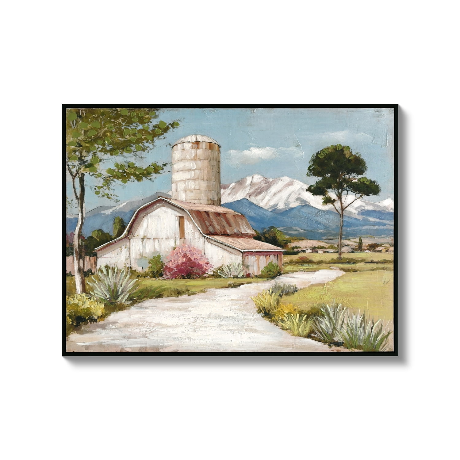MOONMISS 32x24 Rustic Farmhouse Framed Canvas Wall Art Wildflower Barn Nature Painting French Countryside Living Room Bedroom Decor