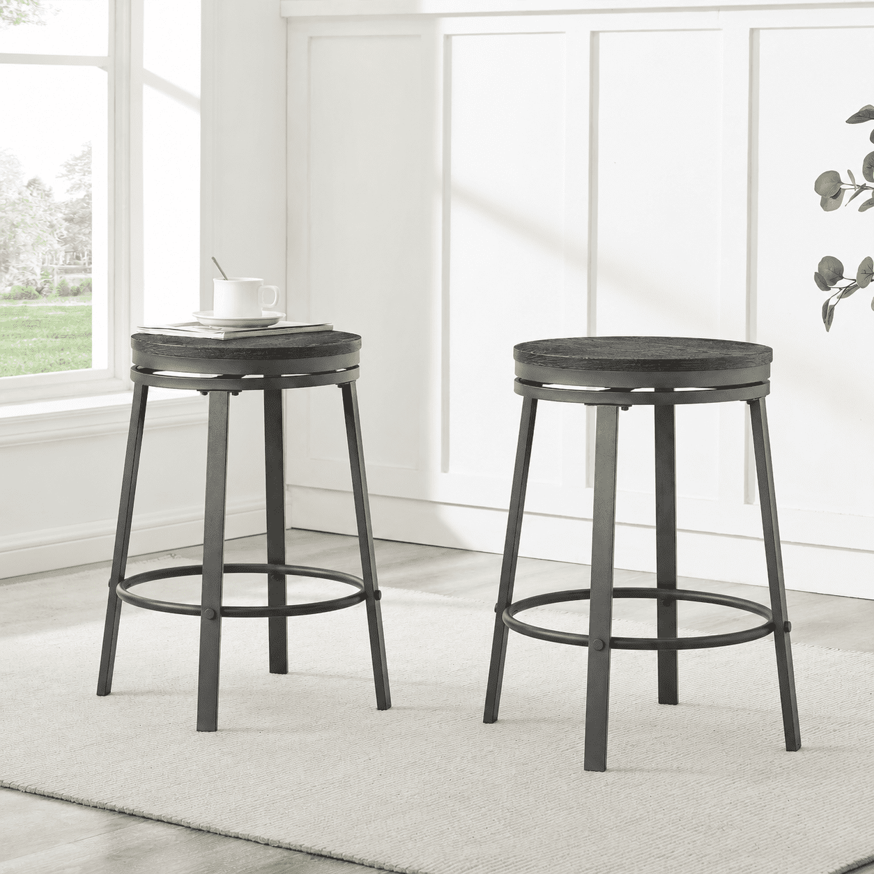 MOONMISS 360° Degree Swivel Bar Stool - Counter Height Metal Frame Stool for Kitchen Island, Home Bar &Cafe(Setof 2),Black
