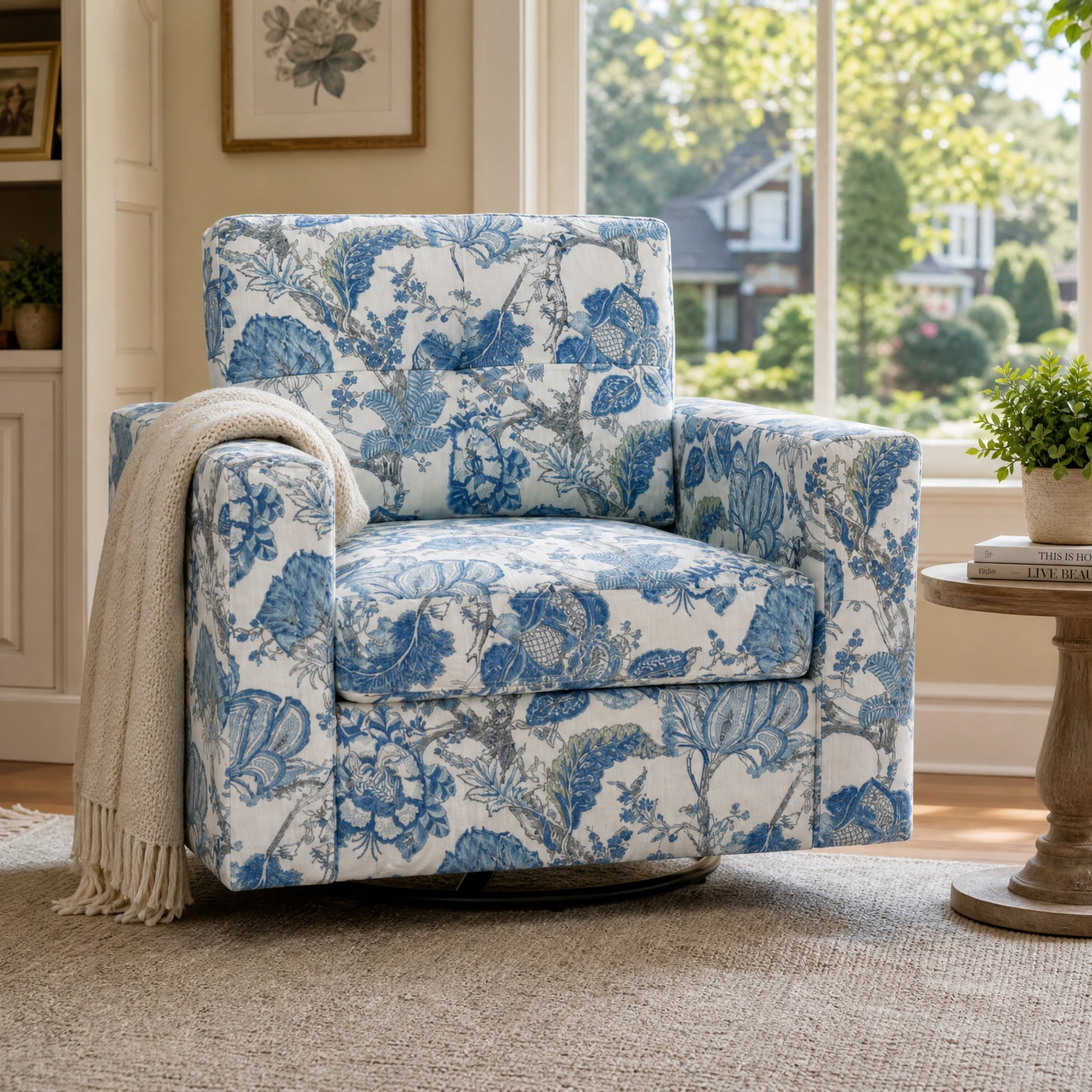 MOONMISS 360° Swivel Accent Chair with Point-Tufted Back & Textured, Upholstery Square Arm Armchair with Metal Pedestal Base, Soft Pillows for Living Room, Bedroom