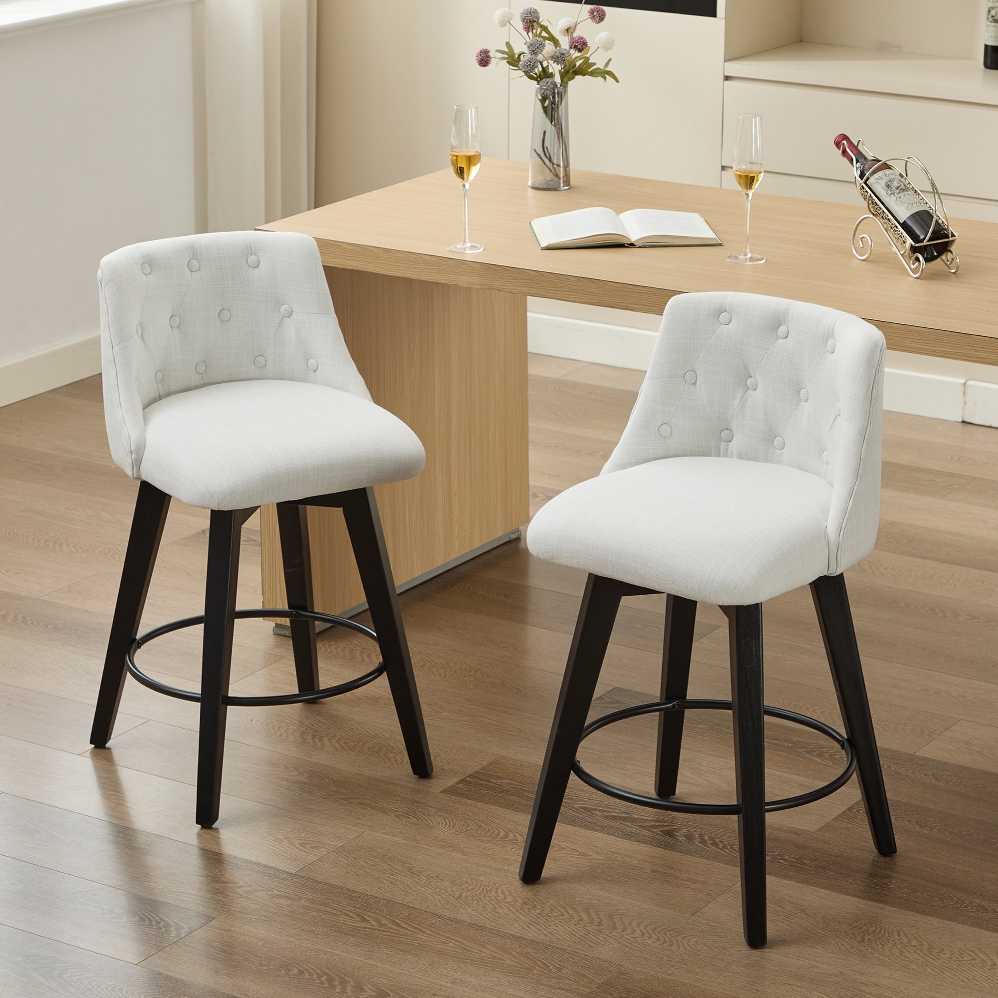MOONMISS 360° Swivel Bar Stools Set of 2 Counter Height Tufted Back Solid Wood Frame Easy Assembly Kitchen Island Home Bar White