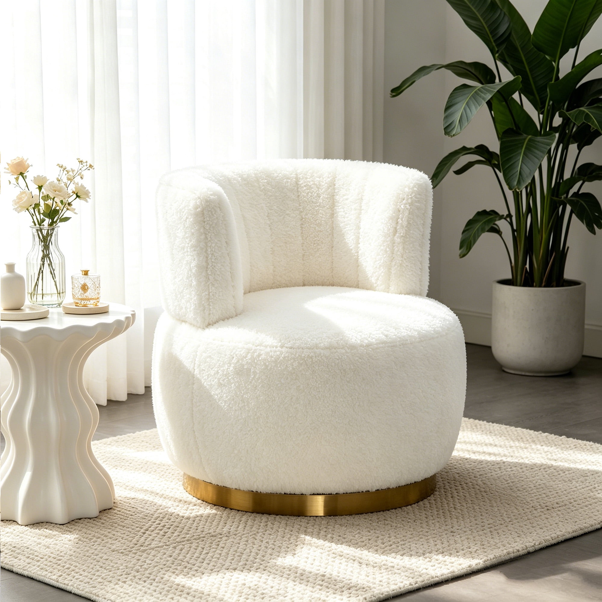 MOONMISS 360° Swivel Barrel Accent Chairs, Round Armchairs with Wide Upholstered, Teddy Fabric for Living Room, Bedroom,White