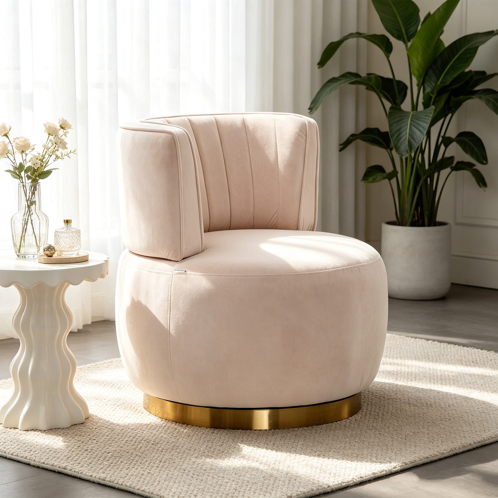 MOONMISS 360° Swivel Barrel Accent Chairs, Round Armchairs with Wide Upholstered, for Living Room, Bedroom, Beige