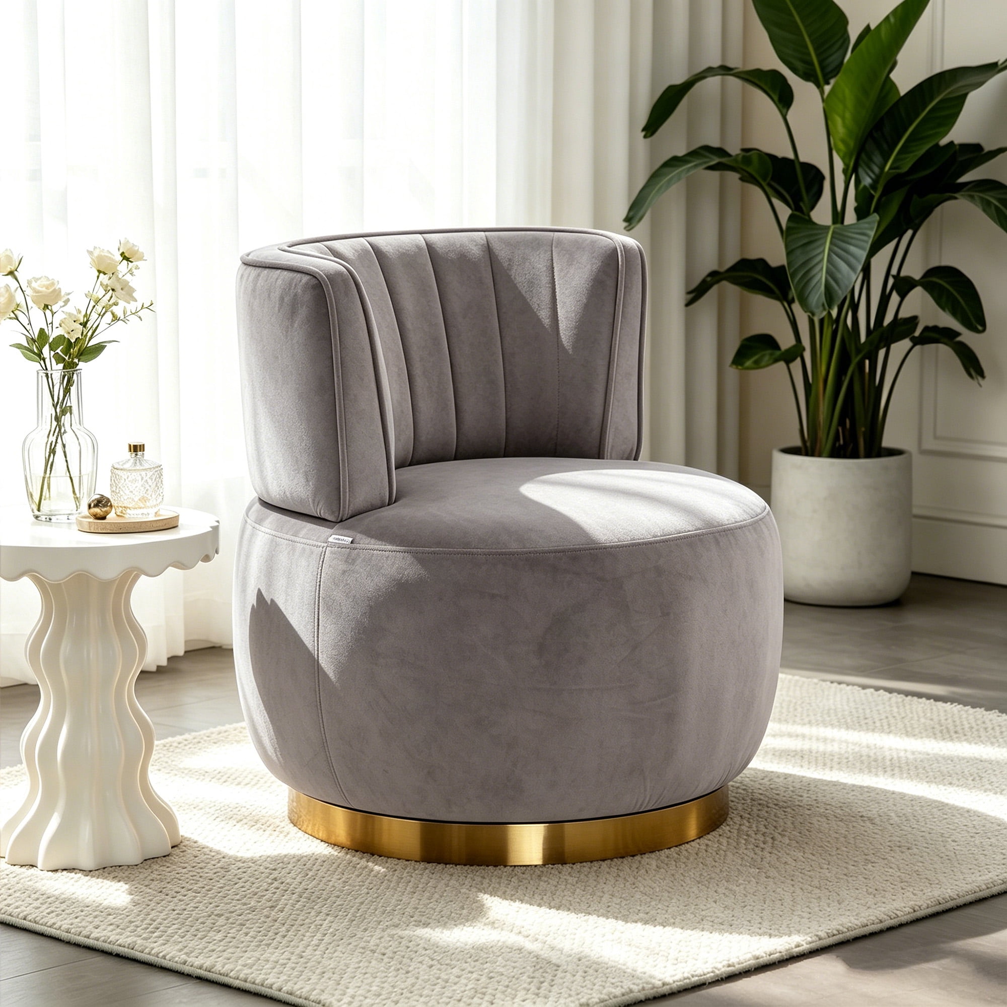 MOONMISS 360° Swivel Barrel Accent Chairs, Round Armchairs with Wide Upholstered, for Living Room, Bedroom, Gray