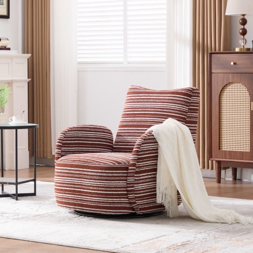 MOONMISS 360° Swivel Leisure Accent Chair with Striped Armrest, Sand-rimmed Fabric and Metal Base, Modern Style Armchair with Thick Cushion for Living Room, Bedroom and Balcony, Red