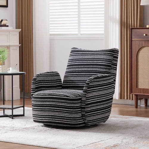 MOONMISS 360° Swivel Leisure Accent Chair with Striped Armrest, Sand-rimmed Fabric and Metal Base, Modern Style Armchair with Thick Cushion for Living Room, Bedroom and Balcony, Black