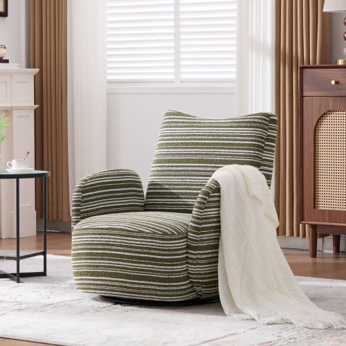 MOONMISS 360° Swivel Leisure Accent Chair with Striped Armrest, Sand-rimmed Fabric and Metal Base, Modern Style Armchair with Thick Cushion for Living Room, Bedroom and Balcony, Olive Green