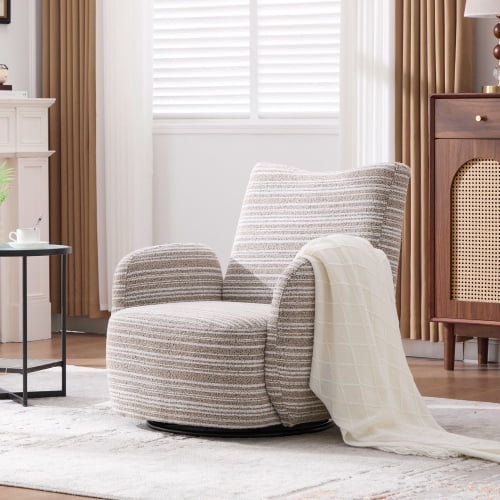MOONMISS 360° Swivel Leisure Accent Chair with Striped Armrest, Sand-rimmed Fabric and Metal Base, Modern Style Armchair with Thick Cushion for Living Room, Bedroom and Balcony, Khaki
