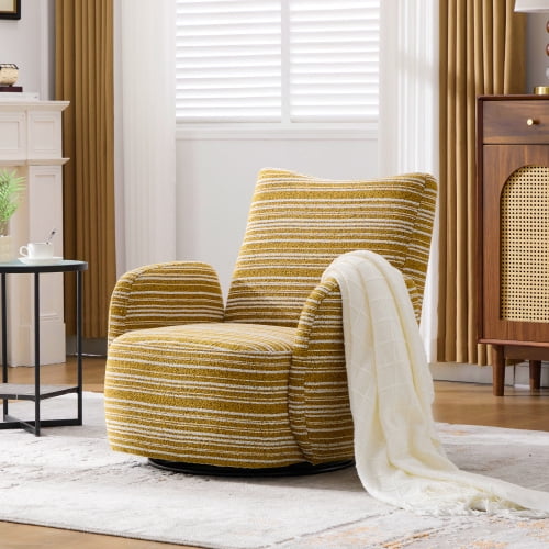 MOONMISS 360° Swivel Leisure Accent Chair with Striped Armrest, Sand-rimmed Fabric and Metal Base, Modern Style Armchair with Thick Cushion for Living Room, Bedroom and Balcony, Yellow