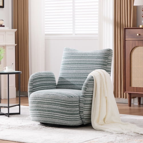 MOONMISS 360° Swivel Leisure Accent Chair with Striped Armrest, Sand-rimmed Fabric and Metal Base, Modern Style Armchair with Thick Cushion for Living Room, Bedroom and Balcony, Mint Green