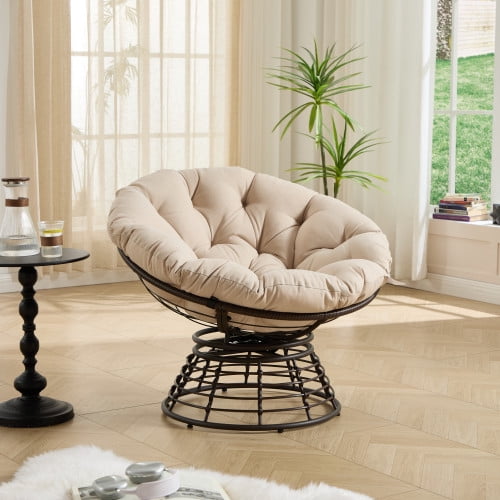 MOONMISS 360° Swivel Wicker Papasan Chair with Soft Thick Cushion for Living Room,Beige