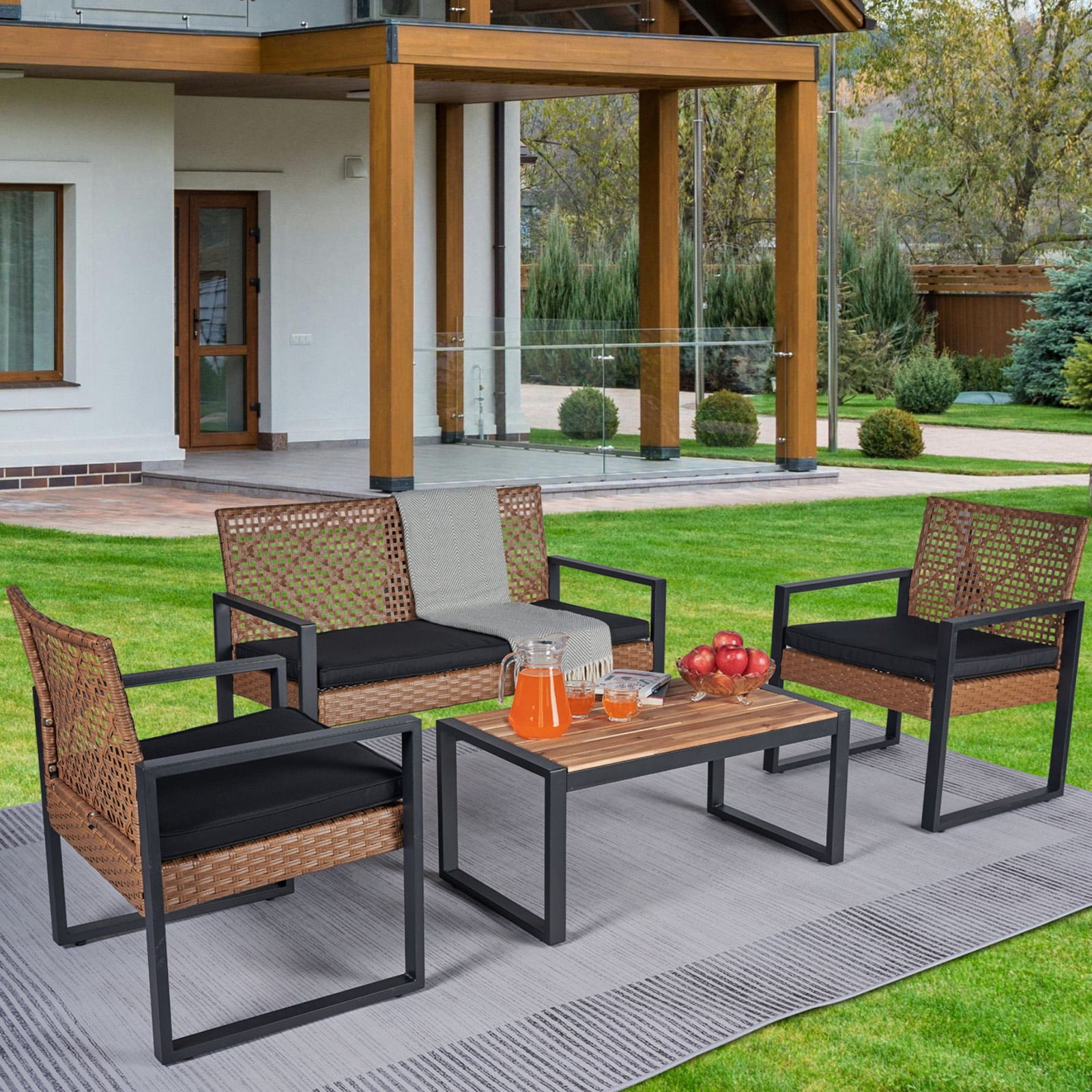 MOONMISS 4-Piece Wicker Outdoor Garden Furniture Corner Sofa Set With Cushions-Light Brown
