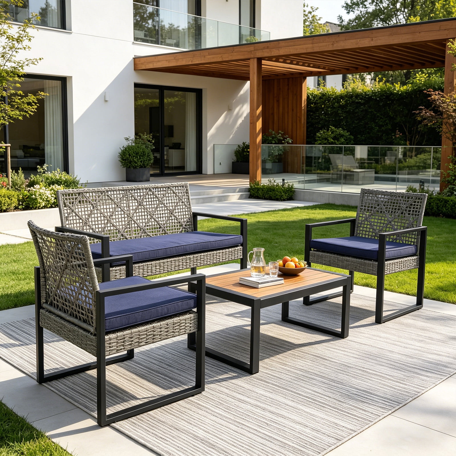 MOONMISS 4-Piece Wicker Outdoor Garden Furniture Corner Sofa Set With Cushions-Light Gray