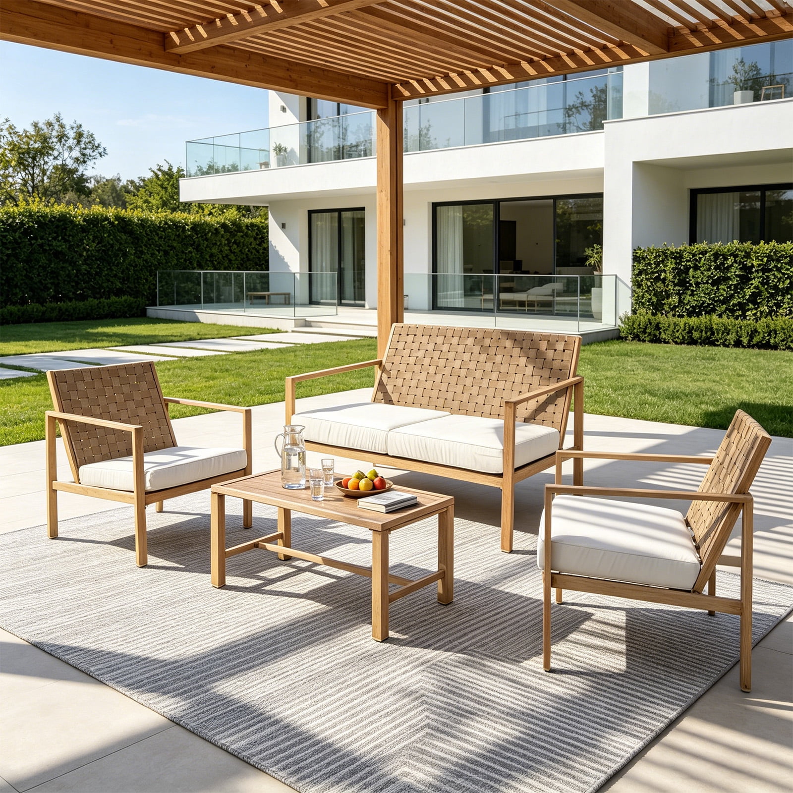 MOONMISS 4 Pieces Metal Patio Furniture Set, Hand-Made Drawstring Outdoor Patio Conversation Sets Outside loveseat with Soft Cushion for Garden-Beige
