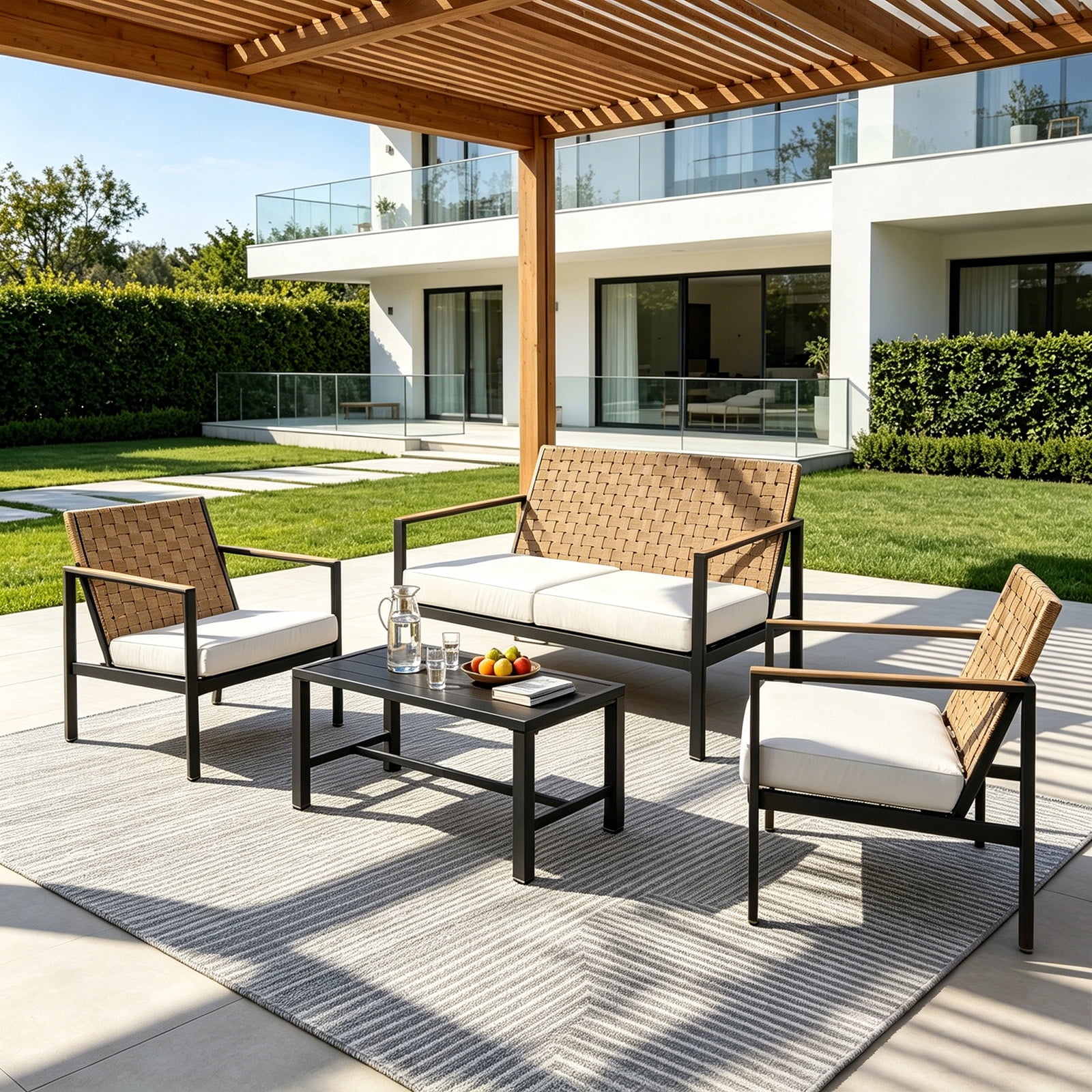 MOONMISS 4 Pieces Metal Patio Furniture Set, Hand-Made Drawstring Outdoor Patio Conversation Sets Outside loveseat with Soft Cushion for Garden-Black