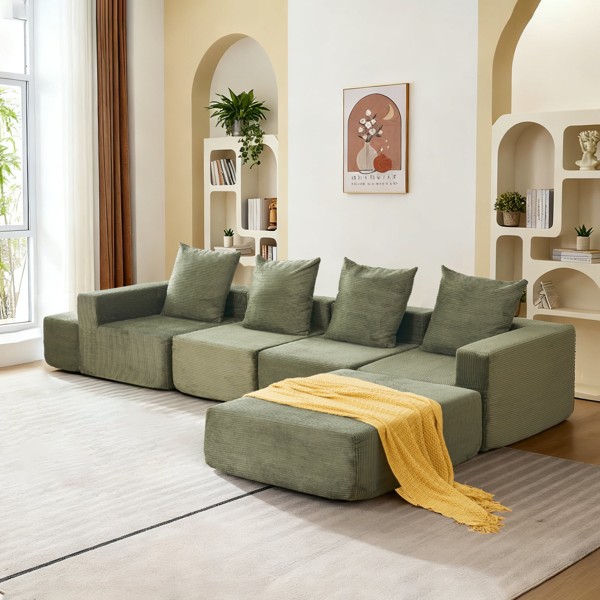MOONMISS 4-Seat Modular Sofa Sectional with Oversized Chaise & Ottomans - Cloud Couch in Soft Corduroy Fabric for Small Spaces, Living Room, Apartment (Green)