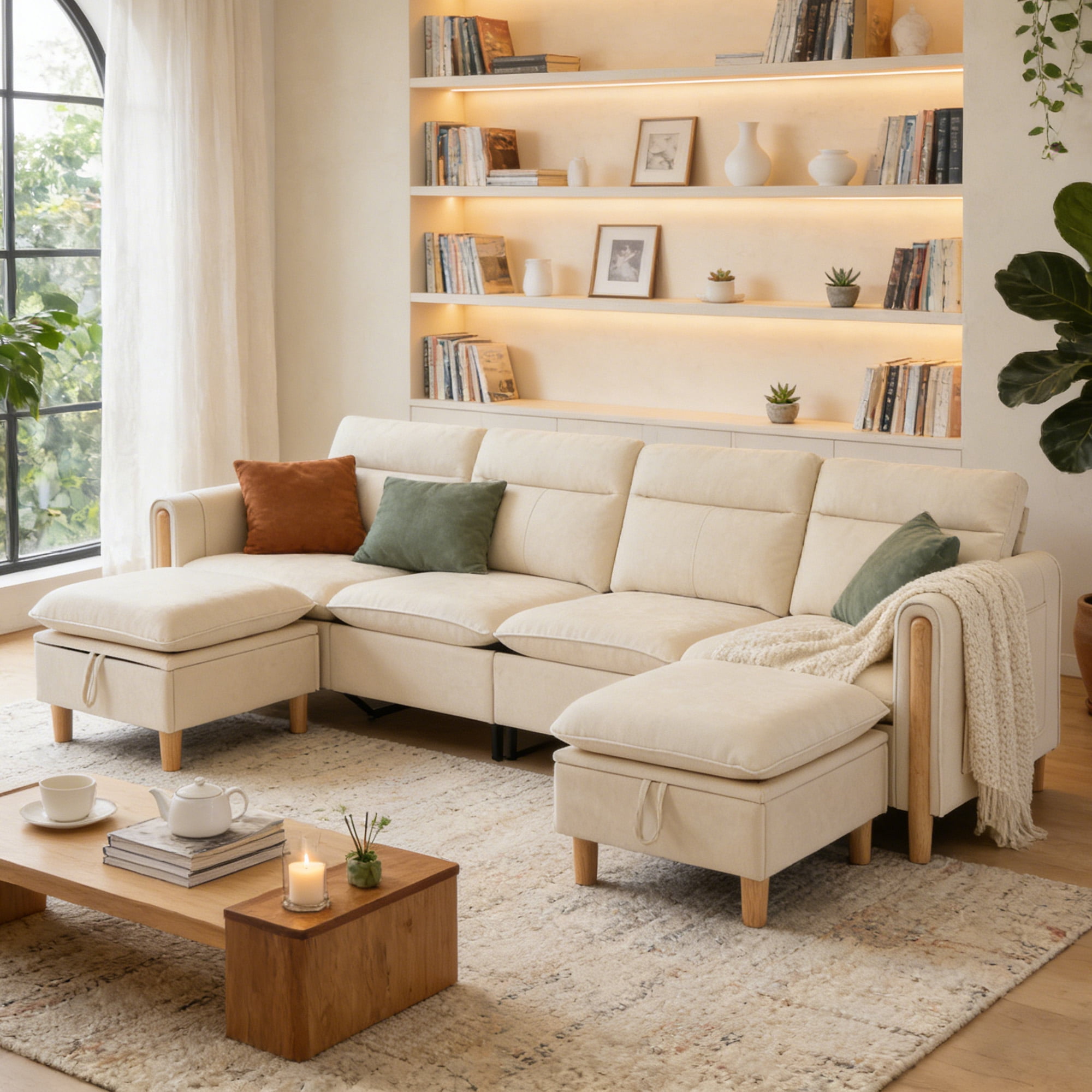 MOONMISS 4-Seater Chenille Sectional Sofa with 2 Storage Ottoman & Side Pocket Convertible Chaise Lounge for Living Room,Beige