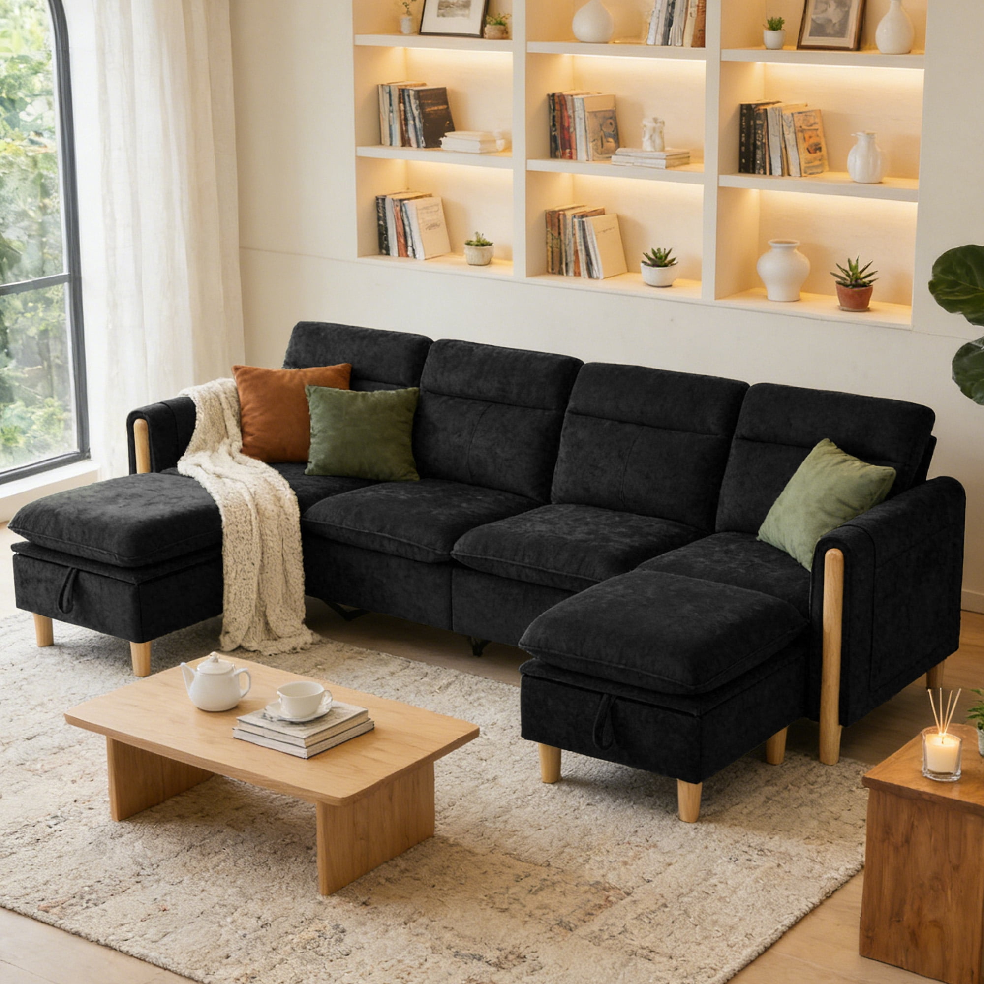 MOONMISS 4-Seater Chenille Sectional Sofa with 2 Storage Ottoman & Side Pocket Convertible Chaise Lounge for Living Room,Black