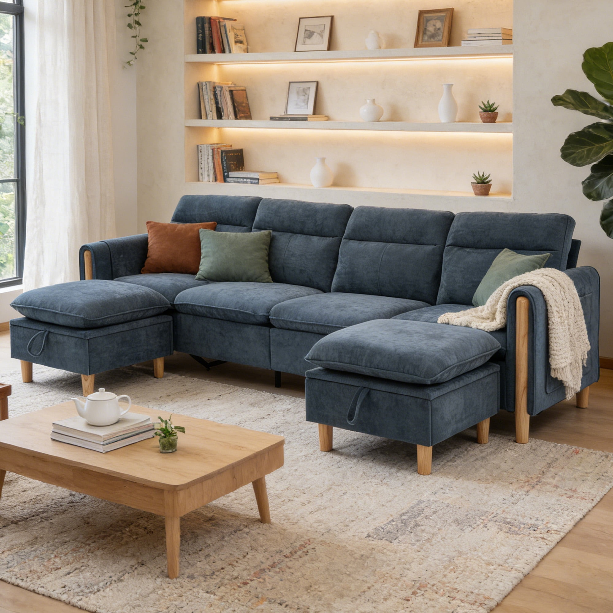 MOONMISS 4-Seater Chenille Sectional Sofa with 2 Storage Ottoman & Side Pocket Convertible Chaise Lounge for Living Room,Blue