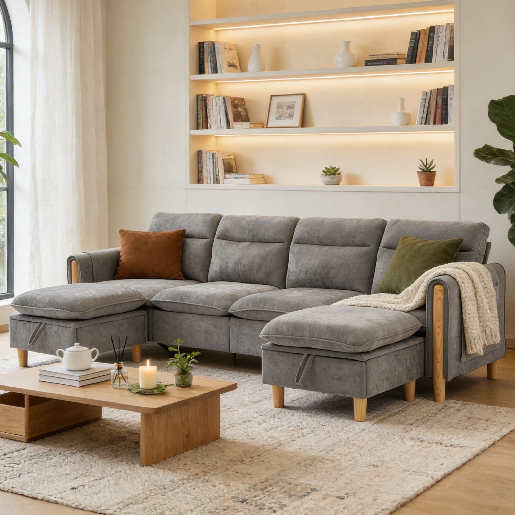 MOONMISS 4-Seater Chenille Sectional Sofa with 2 Storage Ottoman & Side Pocket Convertible Chaise Lounge for Living Room,Gray
