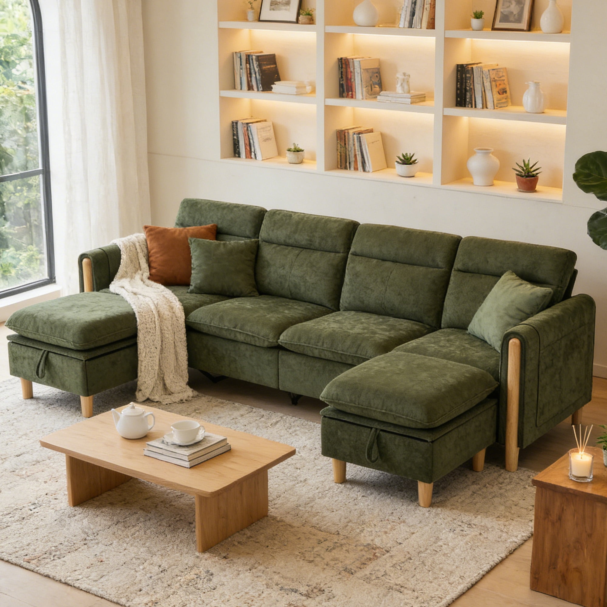 MOONMISS 4-Seater Chenille Sectional Sofa with 2 Storage Ottoman & Side Pocket Convertible Chaise Lounge for Living Room,Olive