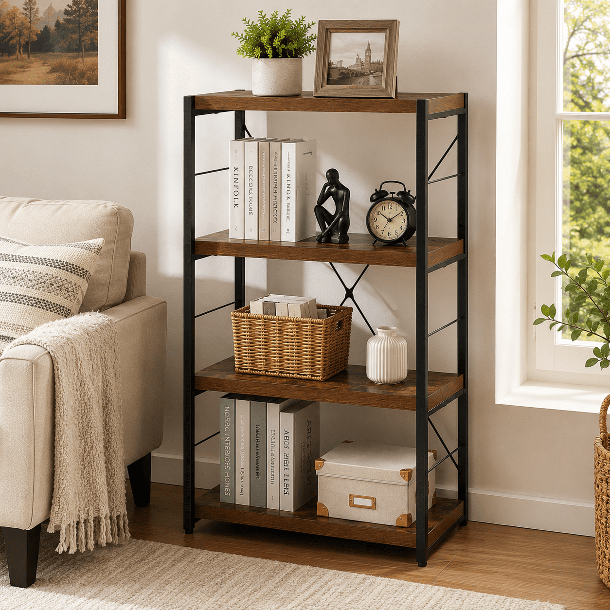 MOONMISS 4-Tier Open Bookshelf,Weathered Wood Finish & Powder-Coated Black Metal,Durable Fixed Shelves,Compact Storage Rack for Small Spaces,24''Wide x 43'' Tall