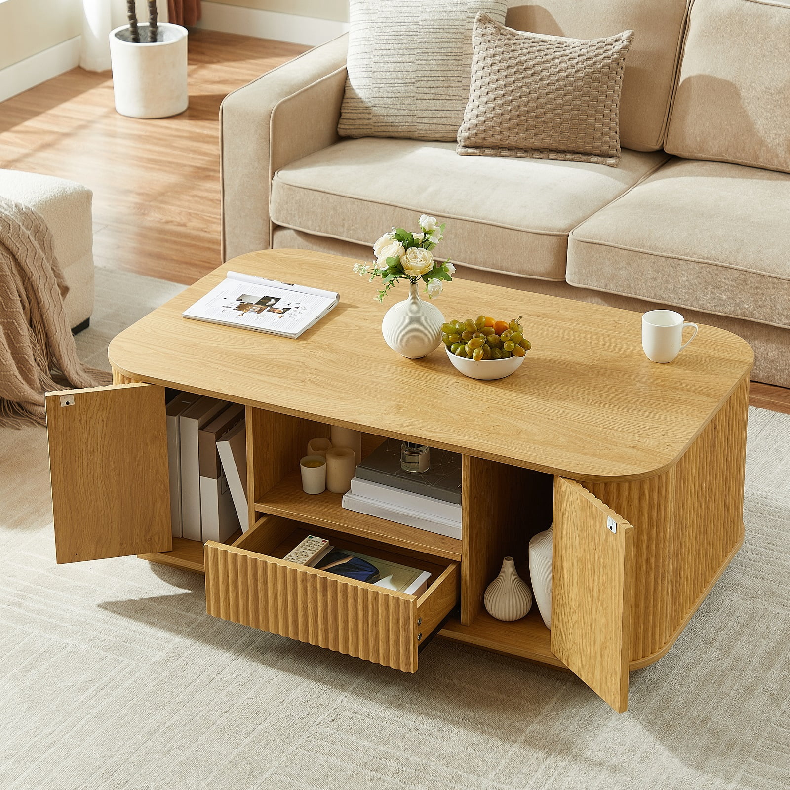 MOONMISS 46.5" Oval Coffee Table with Drawers,Modern Luxury Storage for Living Room,Natural