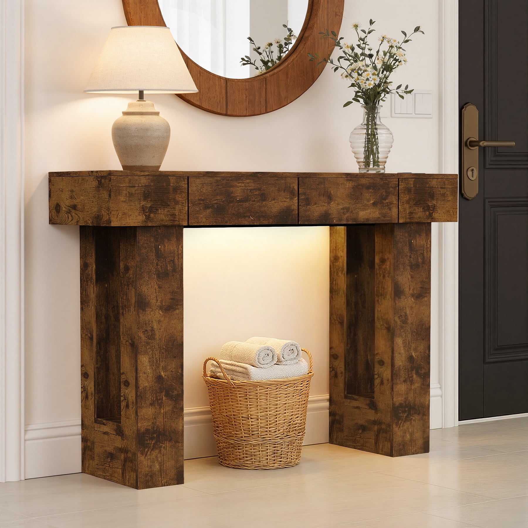 MOONMISS 47"Wide Console Table with 2 Drawers,Multifunctional Charging Station, LED Light, Solid Wood Farmhouse Console Table Behind Couch for Entryway, Hallway, Living Room-Dark Brown