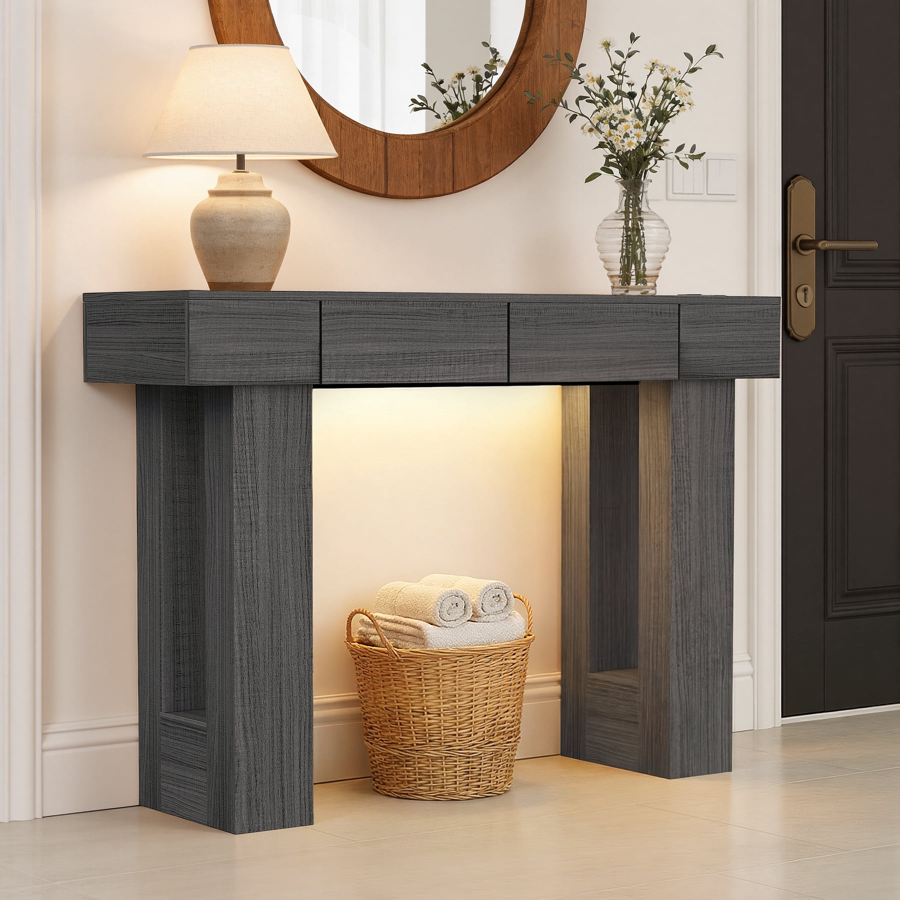 MOONMISS 47"Wide Console Table with 2 Drawers, Multifunctional Charging Station, LED Light, Solid Wood Farmhouse Console Table Behind Couch for Entryway, Hallway, Living Room-Gray