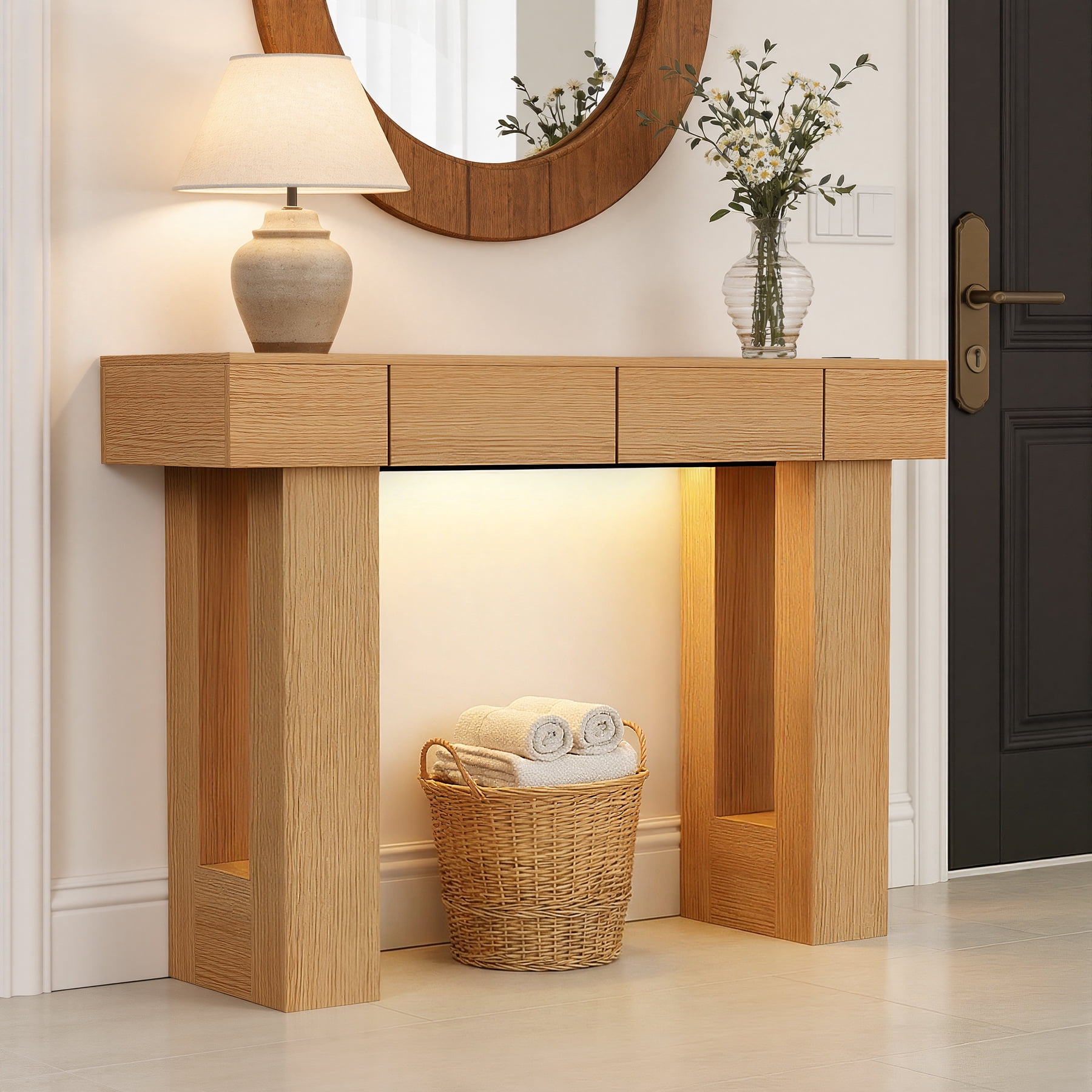 MOONMISS 47"Wide Console Table with 2 Drawers, Multifunctional Charging Station, LED Light, Solid Wood Farmhouse Console Table Behind Couch for Entryway, Hallway, Living Room-Natural Wood