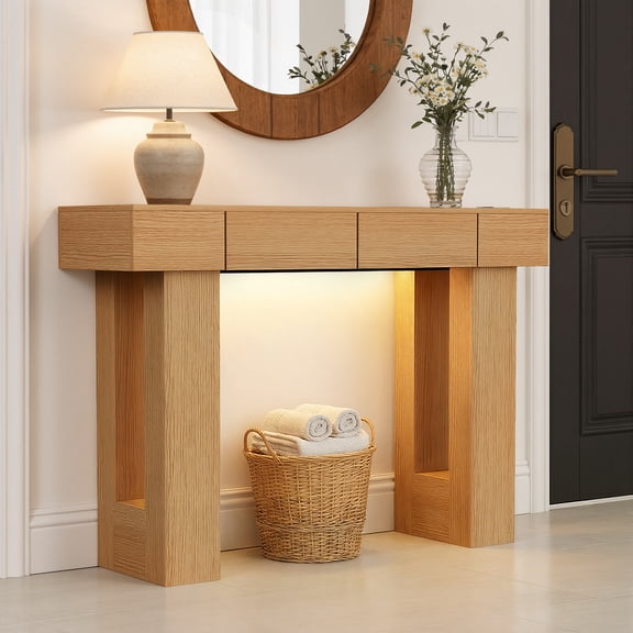 MOONMISS 47"Wide Console Table with 2 Drawers, Multifunctional Charging Station, LED Light, Solid Wood Farmhouse Console Table Behind Couch for Entryway, Hallway, Living Room-Natural Wood