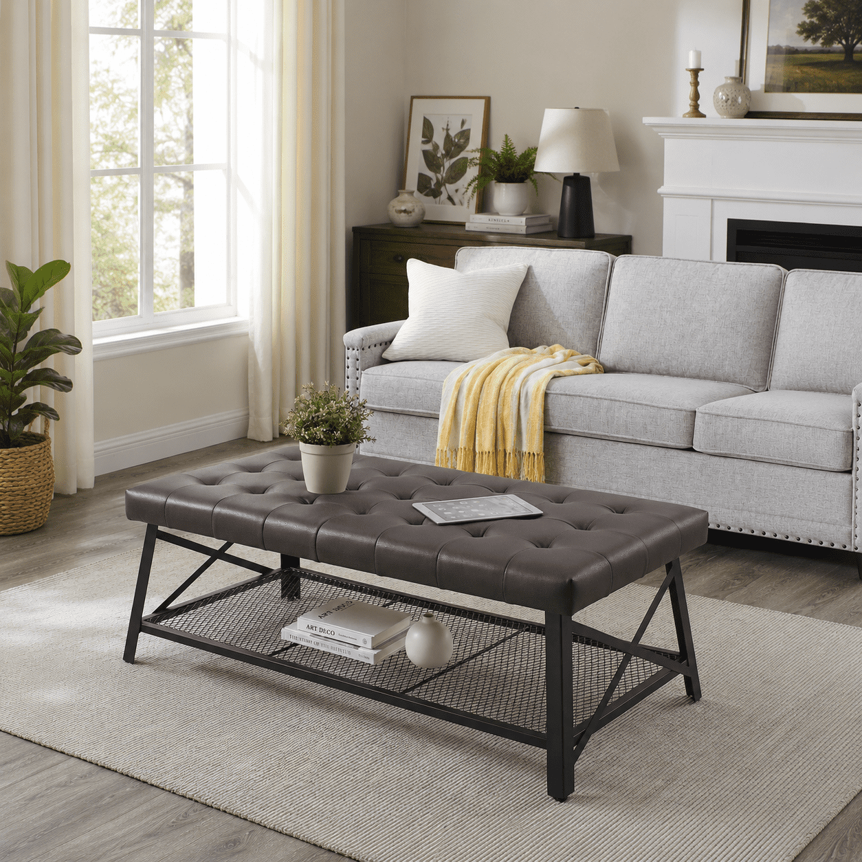 MOONMISS 48" Tufted Faux Leather Coffee Table Bench with Storage Shelf, Upholstered Ottoman Bench with Metal Frame for Living Room, Entryway, Bedroom, Apartment, Small Space (Dark Brown)