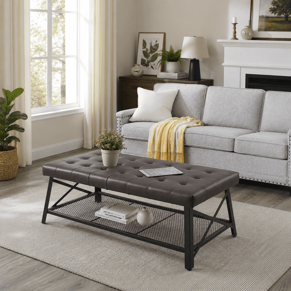 MOONMISS 48" Tufted Faux Leather Coffee Table Bench with Storage Shelf, Upholstered Ottoman Bench with Metal Frame for Living Room, Entryway, Bedroom, Apartment, Small Space (Dark Brown)