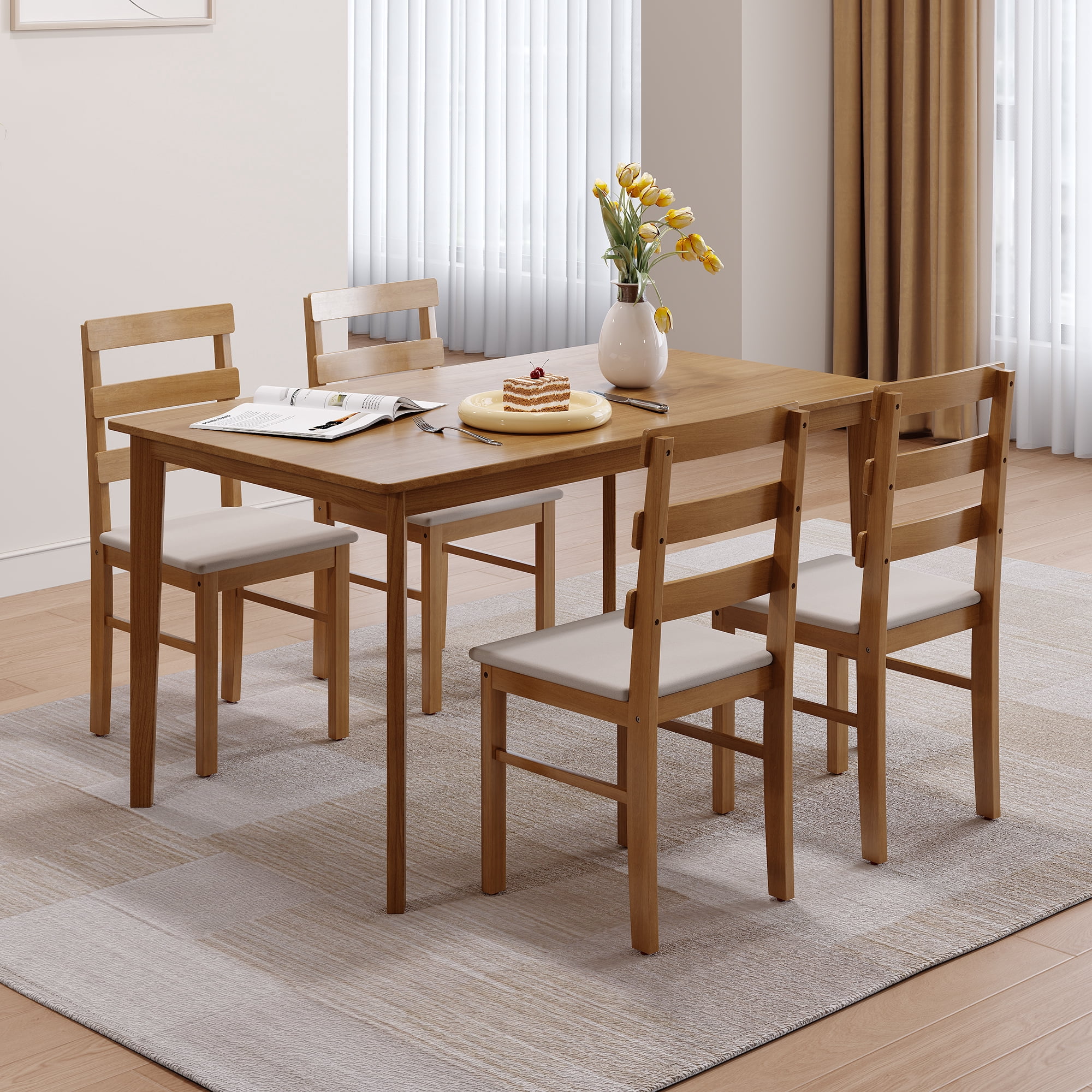 MOONMISS 5-Piece Modern Solid Wood Dining Set with 4 Chairs&Rectangle Table for Dining Room,Kitchen-Wood