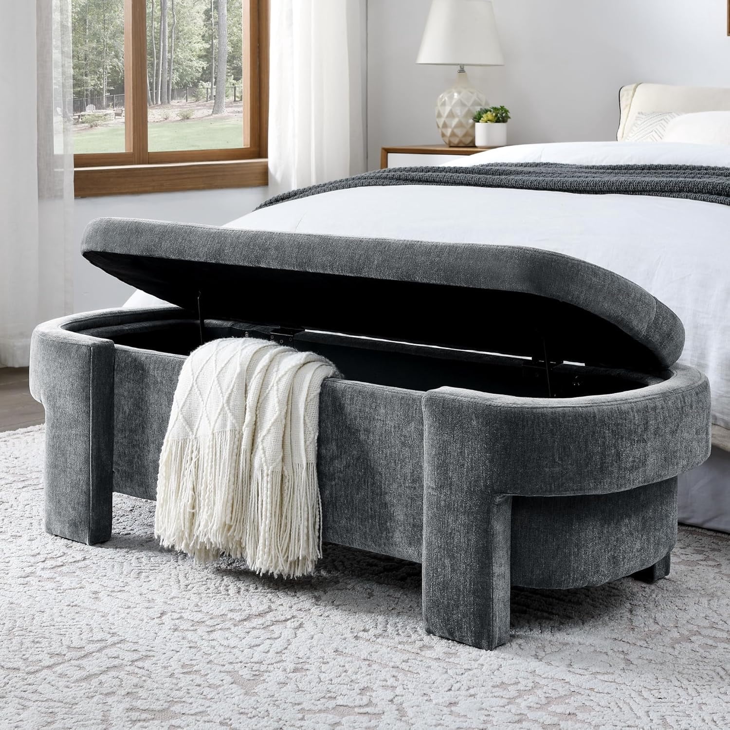 MOONMISS 51.5 Inch Chenille Storage Ottoman Bench with Flip Top No Assembly for Bedroom Entryway Living Room,Grey