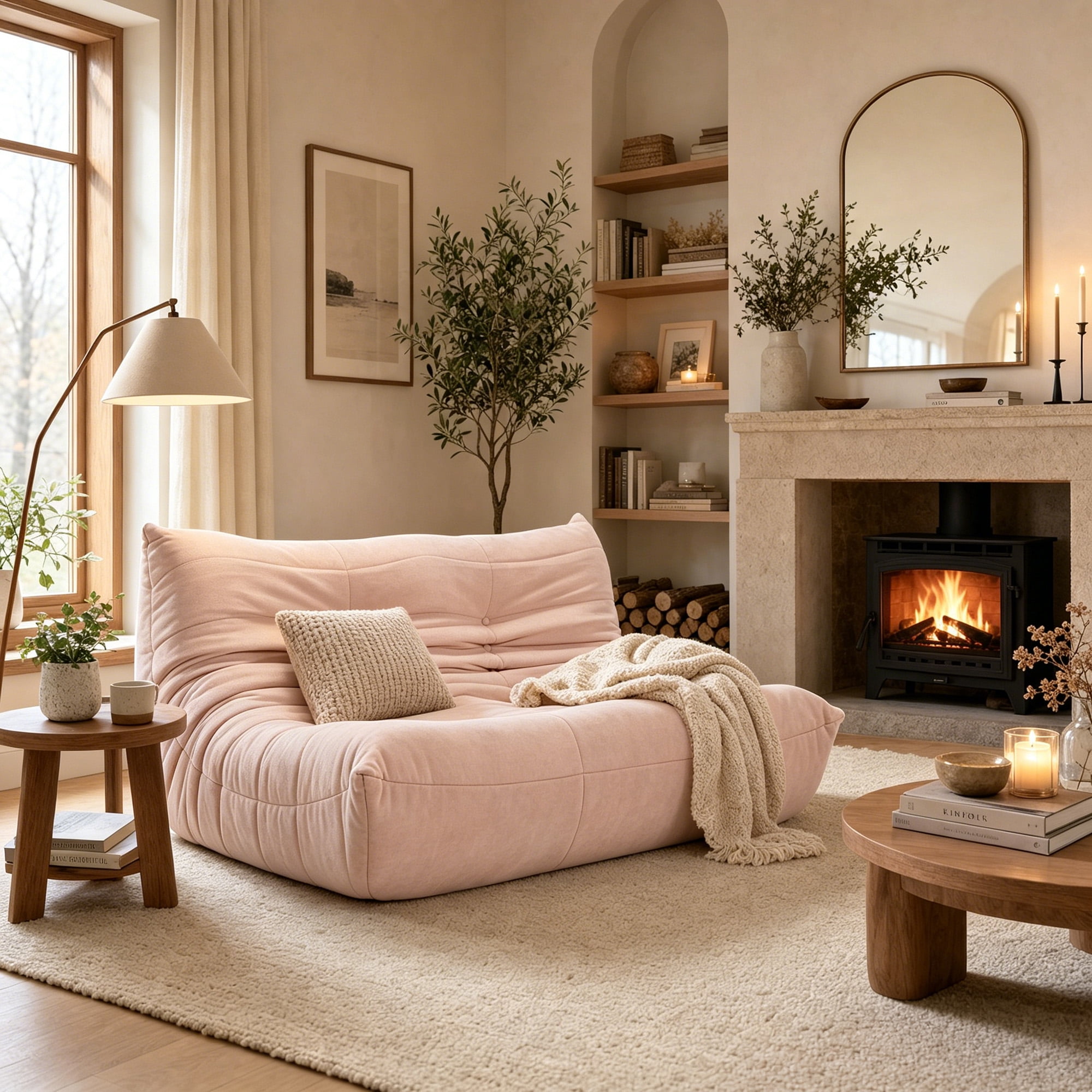 MOONMISS 53.14" Chenille Upholstered Oversized Lazy Sofa, 2-Seater Floor Sofa, Deep Seat Floor Bean Bag Loveseat for Cozy Home Decor, Pink