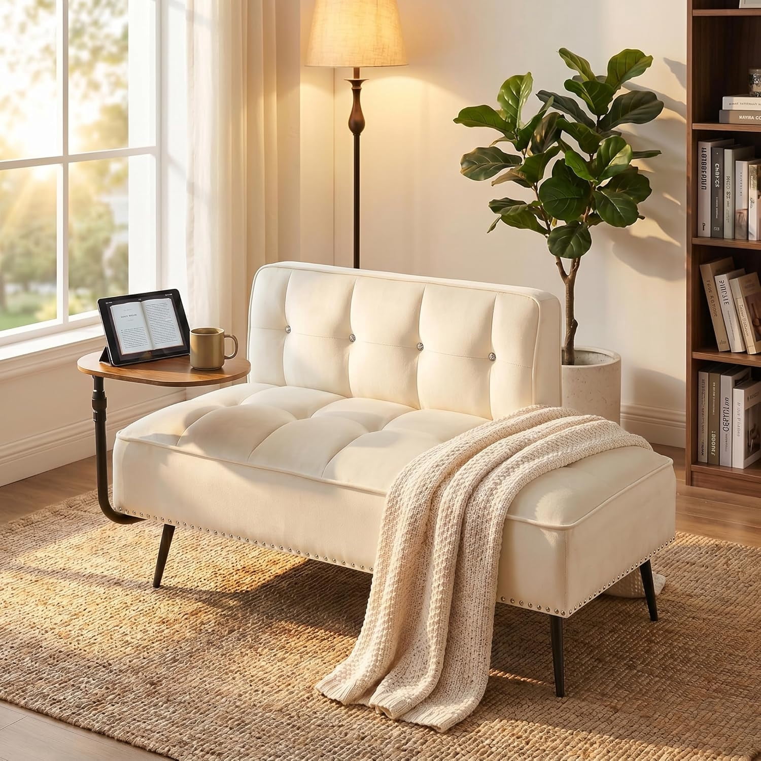 MOONMISS 54 inch 2-Seater Velvet Sofa with 360 Rotating Side Table Space Saving Multi Use Bench Office Living Room Apartment,Beige