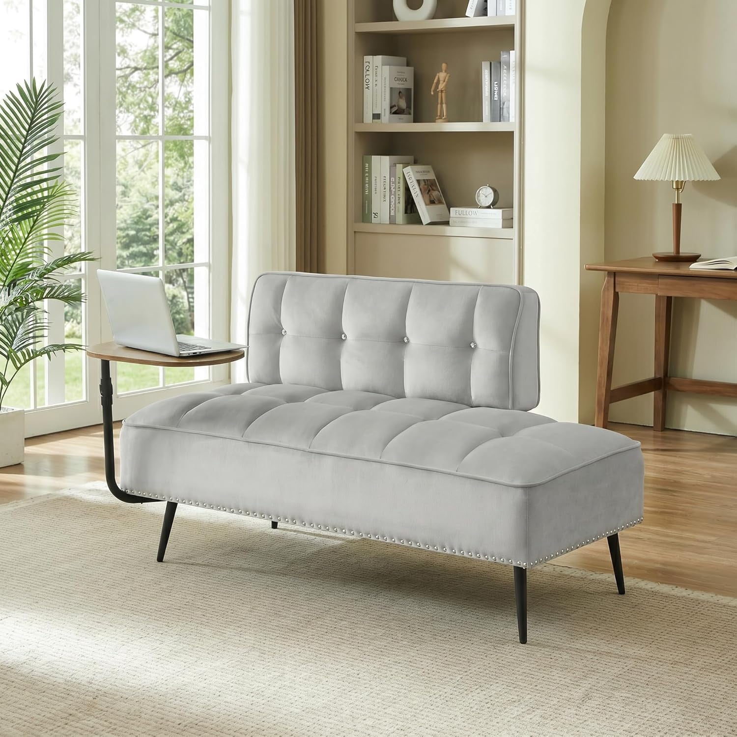 MOONMISS 54 inch 2-Seater Velvet Sofa with 360 Rotating Side Table Space Saving Multi Use Bench Office Living Room Apartment,Gray