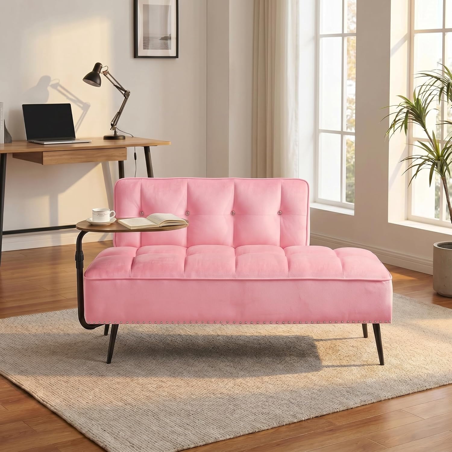 MOONMISS 54 inch 2-Seater Velvet Sofa with 360 Rotating Side Table Space Saving Multi Use Bench Office Living Room Apartment,Pink